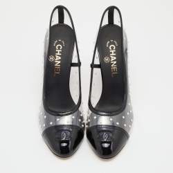 Chanel Black/Transparent Patent Leather and PVC Pearl Embellished Cap Toe Pumps Size 39