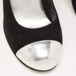 Pre Owned Chanel Black/Silver Suede and Leather Cap Toe CC Wedge Pumps Size 38.5