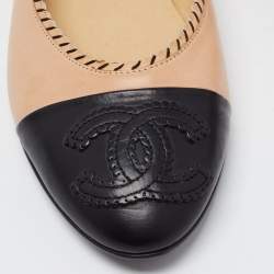 Chanel Beige/Black Leather CC Ballet Flats Size 38