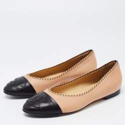 Chanel Beige/Black Leather CC Ballet Flats Size 38