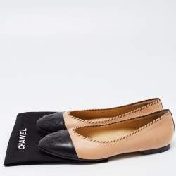Chanel Beige/Black Leather CC Ballet Flats Size 38