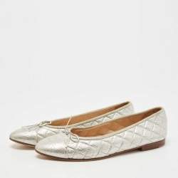 Pre Owned Chanel Silver Quilted Leather Bow Ballet Flats Size 41.5