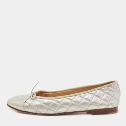 Pre Owned Chanel Silver Quilted Leather Bow Ballet Flats Size 41.5