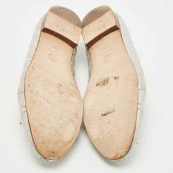 Pre Owned Chanel Silver Quilted Leather Bow Ballet Flats Size 41.5