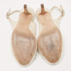 Pre Owned Chanel Beige/White Canvas CC Bow Slingback Pumps Size 38.5