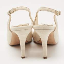 Pre Owned Chanel Beige/White Canvas CC Bow Slingback Pumps Size 38.5