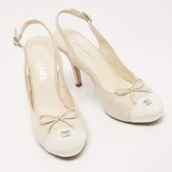 Pre Owned Chanel Beige/White Canvas CC Bow Slingback Pumps Size 38.5