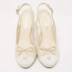 Pre Owned Chanel Beige/White Canvas CC Bow Slingback Pumps Size 38.5