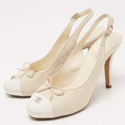 Pre Owned Chanel Beige/White Canvas CC Bow Slingback Pumps Size 38.5