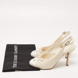 Pre Owned Chanel Beige/White Canvas CC Bow Slingback Pumps Size 38.5