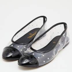 Pre Owned Chanel Black PVC and Patent Leather Pearl CC Cap Toe Ballet Flats Size 39
