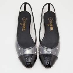 Pre Owned Chanel Black PVC and Patent Leather Pearl CC Cap Toe Ballet Flats Size 39