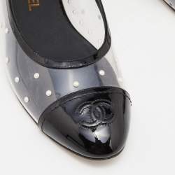 Pre Owned Chanel Black PVC and Patent Leather Pearl CC Cap Toe Ballet Flats Size 39