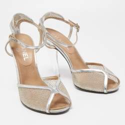 Chanel Silver Leather and Glitter Mesh CC Ankle Strap Sandals Size 38.5