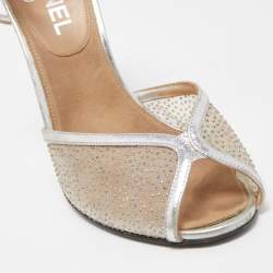 Chanel Silver Leather and Glitter Mesh CC Ankle Strap Sandals Size 38.5