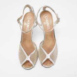 Chanel Silver Leather and Glitter Mesh CC Ankle Strap Sandals Size 38.5