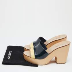 Chanel Two Tone Patent Leather Open Toe Platform Slide Sandals Size 40