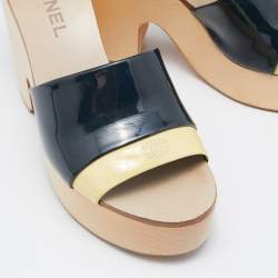 Chanel Two Tone Patent Leather Open Toe Platform Slide Sandals Size 40