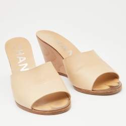 Chanel Beige Leather CC Wedges Slide Sandals Size 39
