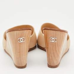 Chanel Beige Leather CC Wedges Slide Sandals Size 39