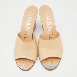 Chanel Beige Leather CC Wedges Slide Sandals Size 39