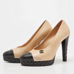 Chanel Beige/Black Leather CC Quilted Platform Pumps Size 36.5