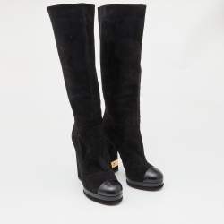 Chanel Black Suede Platform Knee Length CC Block Heel Boots Size 39.5