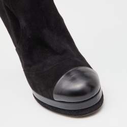 Chanel Black Suede Platform Knee Length CC Block Heel Boots Size 39.5