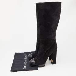 Chanel Black Suede Platform Knee Length CC Block Heel Boots Size 39.5