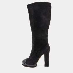 Chanel Black Suede Platform Knee Length CC Block Heel Boots Size 39.5