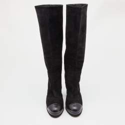Chanel Black Suede Platform Knee Length CC Block Heel Boots Size 39.5