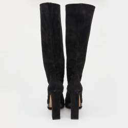 Chanel Black Suede Platform Knee Length CC Block Heel Boots Size 39.5