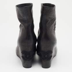 Pre Owned Chanel Black Leather Peep Toe Wedge Ankle Boots Size 40