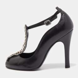 Chanel Black Leather Crystal Embellished T-Strap Pumps Size 38