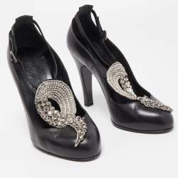 Chanel Black Leather Crystal Embellished T-Strap Pumps Size 38