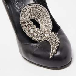 Chanel Black Leather Crystal Embellished T-Strap Pumps Size 38
