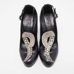 Chanel Black Leather Crystal Embellished T-Strap Pumps Size 38