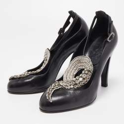 Chanel Black Leather Crystal Embellished T-Strap Pumps Size 38