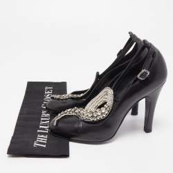 Chanel Black Leather Crystal Embellished T-Strap Pumps Size 38