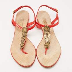 Chanel Red Leather CC Coin T-Strap Flat Sandals Size 39.5