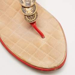 Chanel Red Leather CC Coin T-Strap Flat Sandals Size 39.5