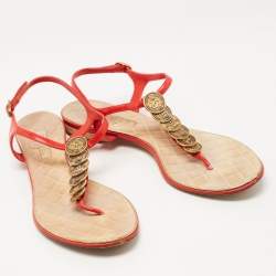 Chanel Red Leather CC Coin T-Strap Flat Sandals Size 39.5