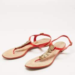 Chanel Red Leather CC Coin T-Strap Flat Sandals Size 39.5