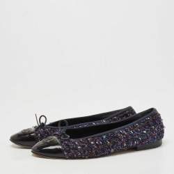 Pre Owned Chanel Multicolor Patent and Tweed CC Cap Toe Ballet Flats Size 39.5