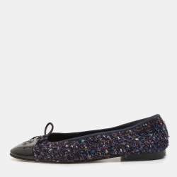 Pre Owned Chanel Multicolor Patent and Tweed CC Cap Toe Ballet Flats Size 39.5