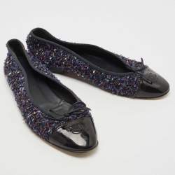 Pre Owned Chanel Multicolor Patent and Tweed CC Cap Toe Ballet Flats Size 39.5