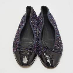 Pre Owned Chanel Multicolor Patent and Tweed CC Cap Toe Ballet Flats Size 39.5