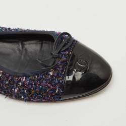 Pre Owned Chanel Multicolor Patent and Tweed CC Cap Toe Ballet Flats Size 39.5