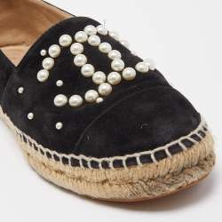 Pre Owned Chanel Black Suede Faux Pearl Accents CC Cap Toe Slip On Espadrilles Size 37