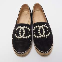 Pre Owned Chanel Black Suede Faux Pearl Accents CC Cap Toe Slip On Espadrilles Size 37